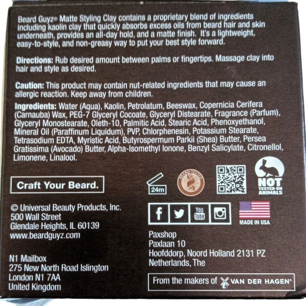Beard Guyz Moldable Matte Styling‎ Clay For All Day Hold Hair Kaolin 3 oz New